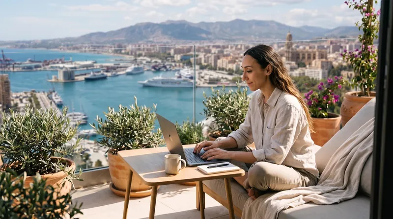 Noelia, profesora de español en Málaga, trabajando con su portátil en una terraza con vistas al puerto y la catedral